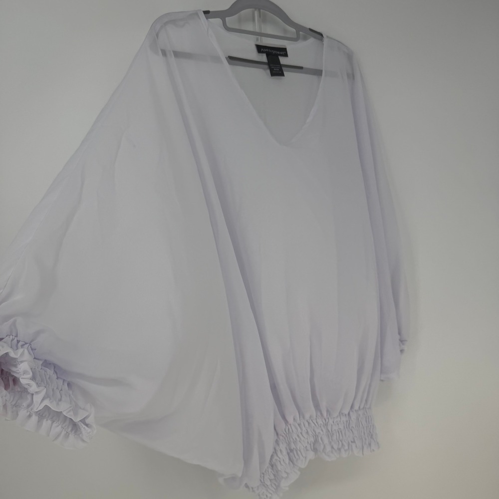 Ashley Stewart Blouse Womens 22/24 White Sheer Smocked Hem V-Neck Angelcore Airy